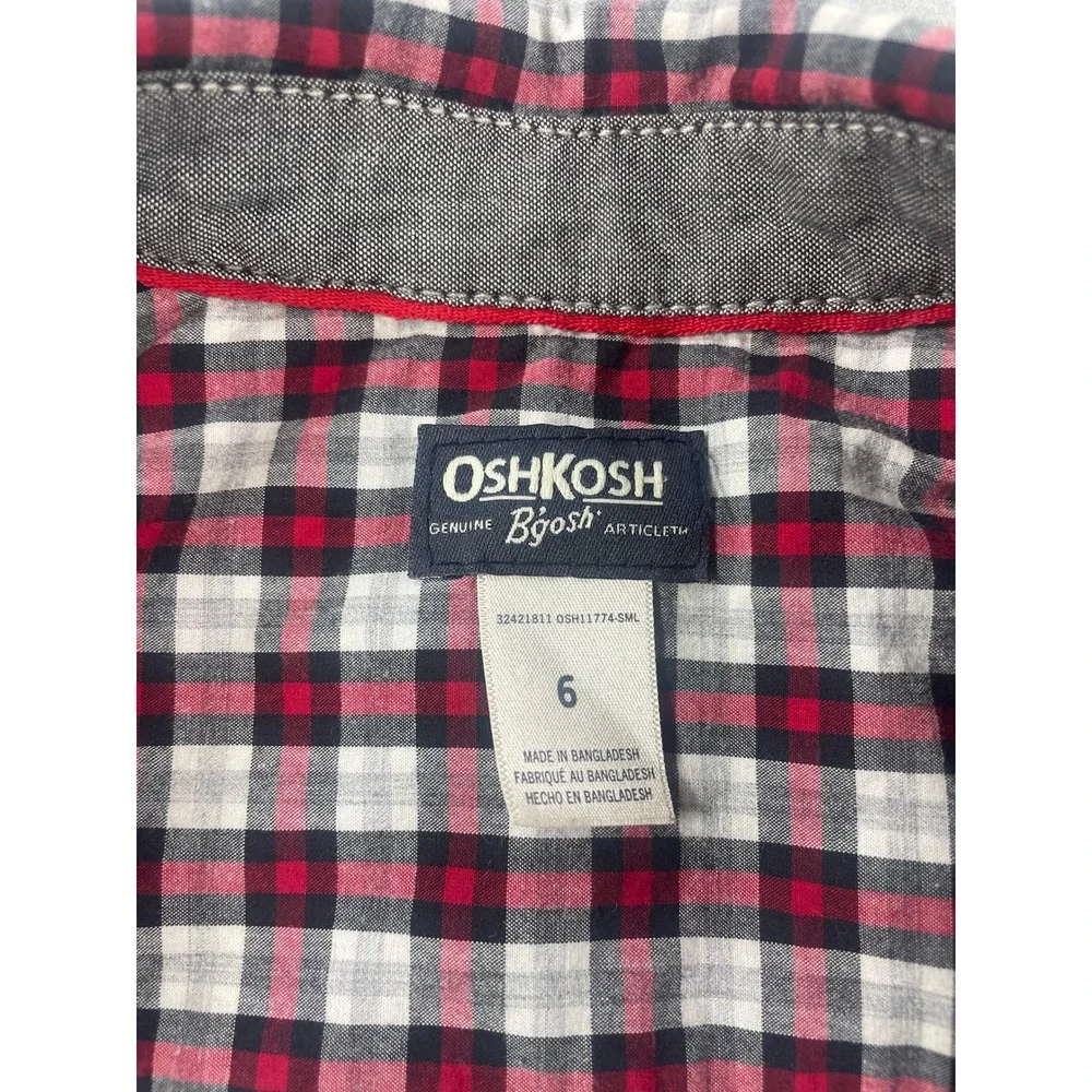 OshKosh Button Down Shirt Boys Size 6 Red White Blue Plaid Long Sleeve Cotton